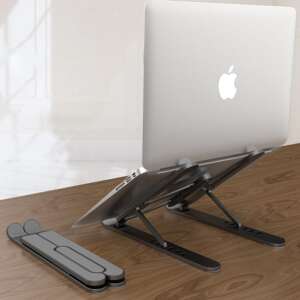 Black laptop stand with laptop on top, folded stand next to it - Laptop Stand
