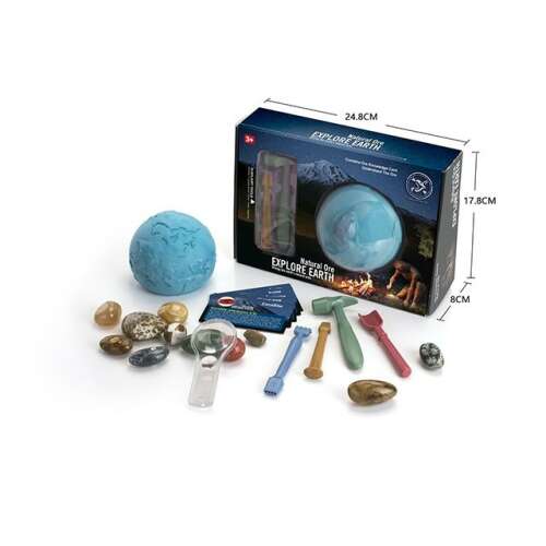 Set de excavare minerale - Explorează comorile Pământului - Jucărie STEM educativă pentru copii - Include ciocan, instrumente, lupă și minerale reale