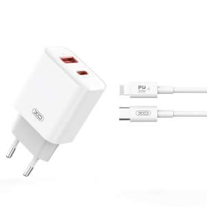 XO CE12 20W nabíjačka do zásuvky s USB-C a USB-A konektormi, biela, s káblom USB-C - Lightning - Lightning káble