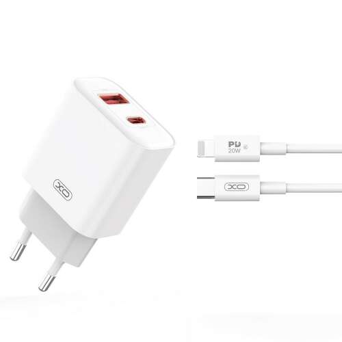 XO CE12 20W ładowarka sieciowa z portami USB-C i USB-A, biała, z kablem USB-C - Lightning