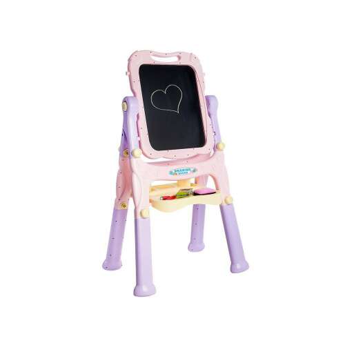 Pink and purple double-sided magnetic and chalk drawing easel for kids, with storage tray for art supplies