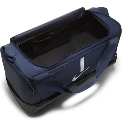 Nike Academy 21 Team Hardcase sports bag, dark blue with white swoosh logo, open view showing interior compartments