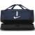 Nike Academy 21 Team Hardcase sports bag, dark blue with white swoosh logo, open view showing interior compartments