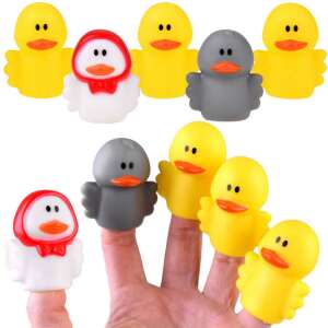 Set of 6 rubber duck finger puppets, including 3 yellow ducklings, 1 grey duckling, and 2 white ducks with red scarves - Puppet Toy
