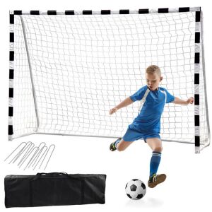 Stadion Futballkapu metal soccer goal in use with child playing soccer, carrying bag and stakes - Nonbrand Soccer and Handball Goal