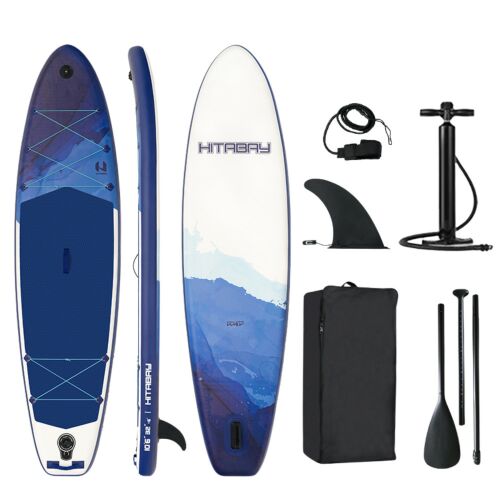 Hitbay Deep Sea Inflatable SUP Board 323x81x15cm with accessories: paddle, pump, fin, leash, and carry bag