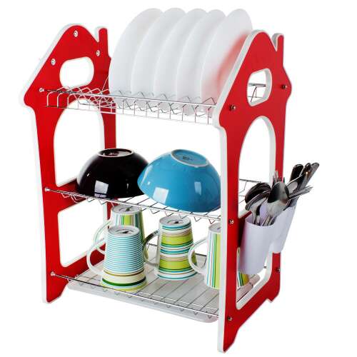 Red and white dish drying rack with three shelves, fully loaded with dishes, bowls, and mugs