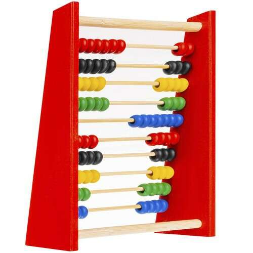 Red wooden abacus with colorful beads, 10 rows, 100 beads, angled view