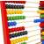 Close-up of red wooden abacus with colorful beads, 10 rows, 100 beads