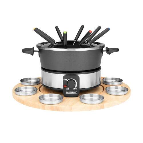 Set fondue Gastroback, 42566, cu 8 furculițe pentru fondue, 8 boluri pentru sos și o bază rotativă din lemn