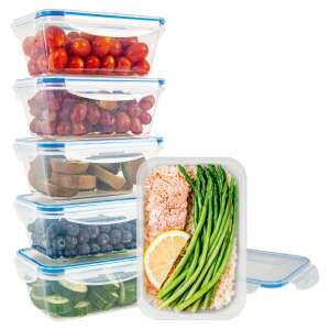 Classbach 6 piece food storage container set, 1000 ml, BPA free, airtight, dishwasher safe, microwave and freezer safe, transparent, with food examples - Food storage container