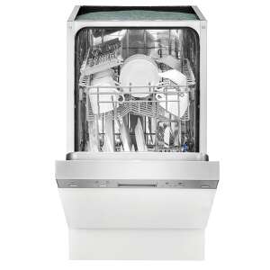 Bomann GSPE7413TI dishwasher with open door, showing the interior with dishes and cutlery - Dishwasher