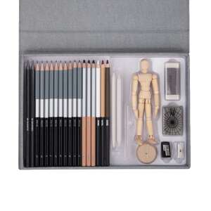 Printworks Emerging Artist Essentials drawing set with pencils, charcoal, graphite, pastels, sharpeners, erasers, and a wooden mannequin - Writing Tool Set
