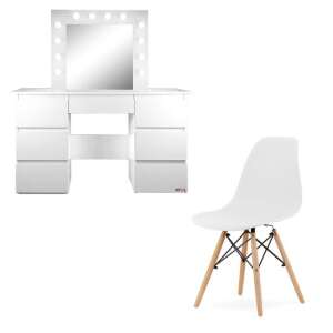 Vanessa white dressing table with mirror and LED lights, includes a white Scandinavian style chair - Dressing Table