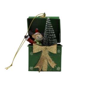 Green gift box Christmas ornament with a reindeer and a small Christmas tree inside - Christmas tree ornament