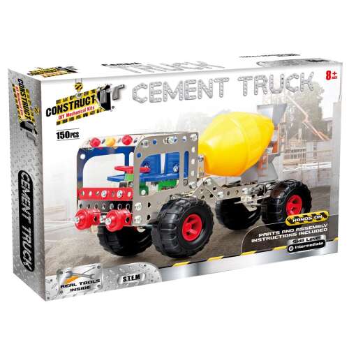 Construct It Cement Truck STEM building kit for kids ages 8 and up, 150 pieces, metal and plastic construction, real tools included