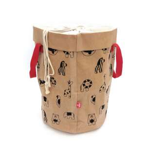 Svoora Játékkosár, brown paper toy storage basket with red handles and animal print, 40 cm diameter, 50 cm high - Toy Storage Boxes & Bag