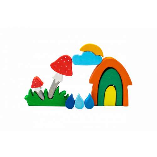 Marc Toys Enchanted Autumn handmade wooden toy set, 11 pieces, featuring a house, mushrooms, clouds, and raindrops