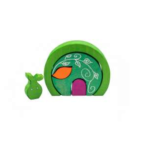 Marc Toys handmade wooden Forest House toy set, featuring a green house with a pink door and a small green bunny - Wooden building game