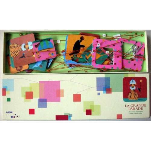 Мобилен Djeco Grand Parade, цветен мобилен с животински и геометрични форми, идеален за детска стая