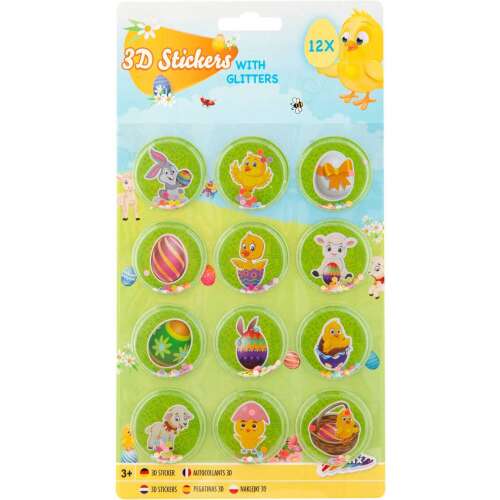 12 db 3D húsvéti matrica csillogással, csibékkel, nyuszikkal, bárányokkal és tojásokkal