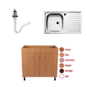 Kitchen cabinet base unit with two doors, oak color, 80 cm x 50 cm x 80 cm, with stainless steel sink and drain siphon - Kitchen Furniture