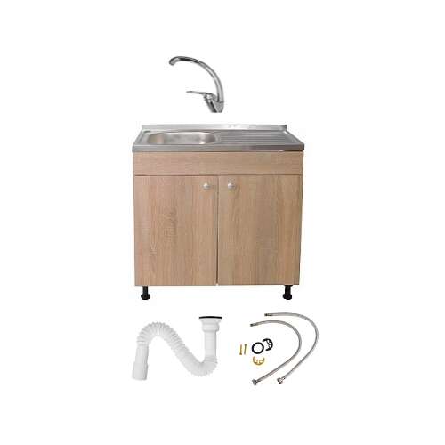Sonoma Sink Set 80 cm X 50 cm X 80 cm, Stainless Steel Sink, Stable Gooseneck Faucet and Drain Siphon plus Silicone for Grip