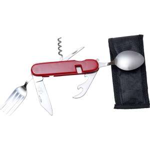 Multifunctional pocket knife with fork, spoon, bottle opener, can opener, and corkscrew, red handle, comes with a black pouch - Pocket Knives and Folding Knife