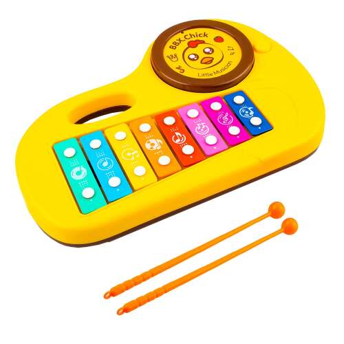 Yellow toy xylophone with chick design, 8 colorful keys, 2 mallets, and a drum