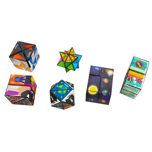 Dream Magic Cube 6 darabos puzzle készlet, amely tartalmaz egy hengert, két kockát, egy téglalap alakú prizmát, egy csillagot és egy 14 oldalú formát