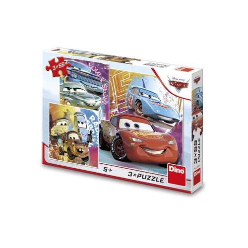 Cars 3x55 darabos kirakós doboz, rajta Villám McQueen, Mater, Guido, Luigi, Ramone és Flo
