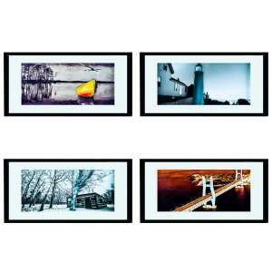 Set de 4 tablouri 3D înramate, prezentând un far, un pod, o cabană în pădure și o barcă pe un lac - Design interior