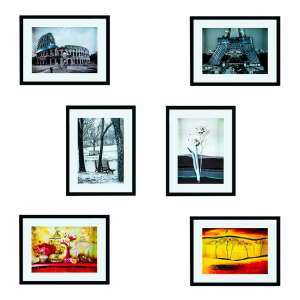 Collage of 6 framed pictures, including Eiffel Tower, Colosseum, trees, flowers, and abstract art - Interior design