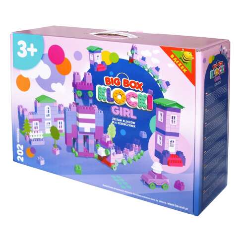 Big Box Klocki Girl 202 darabos építőkocka készlet lányoknak, színes házakkal, autókkal, fákkal és kerítésekkel