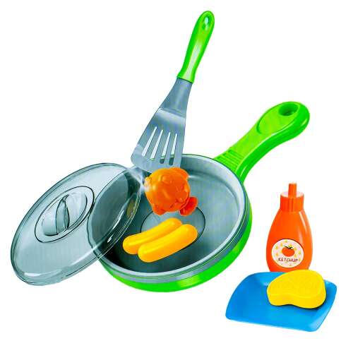 Smart Cook Elektronikus Serpenyő Játék Konyhai Szett Fedővel, Lapáttal, Tállal, Étellel és Ketchup-pal