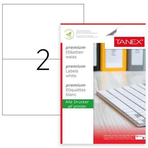 Tanex premium white labels, 2 per A4 sheet, 100 sheets, 210x148.5mm