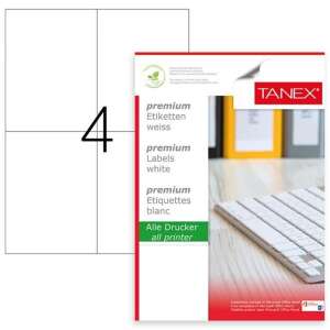 TANEX 105x148.5mm, 4/A4, 100/top white labels, self-adhesive, permanent adhesive, laser, inkjet, handwritten - Label sticker