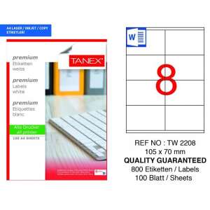 TANEX 800 white self-adhesive labels, 105x70mm, 8 labels per sheet, 100 sheets - Label sticker