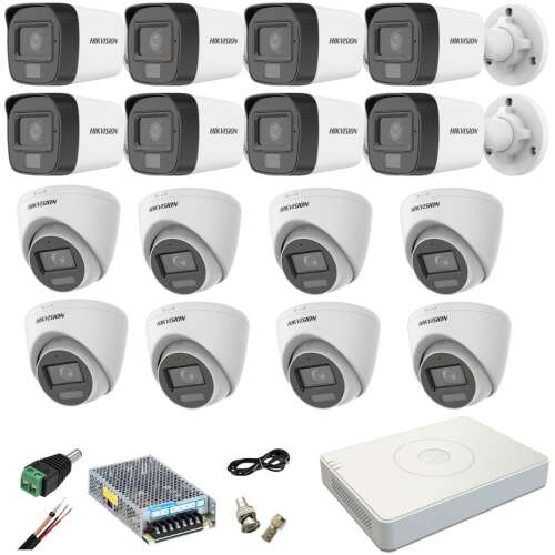 Hikvision 16 csatornás biztonsági kamera rendszer 8 Bullet és 8 Dome kamerával, 5MP AcuSense DVR, kettős fény, 4MP tartozékokkal