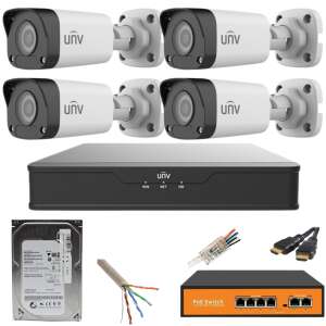 UNV 4-channel security system with 4 IP cameras, 5MP resolution, 30m IR night vision, PoE, 500GB HDD, and accessories - Uniview Security Camera