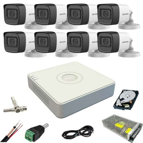 Sistem de securitate Hikvision cu 8 canale, 8 camere de 5MP, HDD de 1TB și accesorii