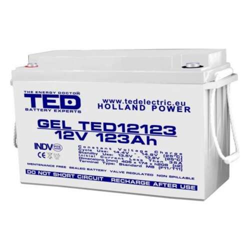 TED GEL 12V 123Ah akkumulátor, mély ciklus, VRLA, AGM, 405mm x 173mm x 220mm, M8 kivezetés
