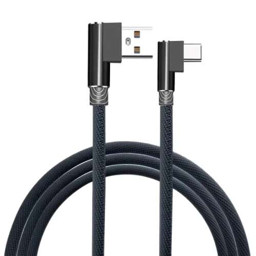 Fekete USB-A - USB-C derékszögű kábel, 1 méter hosszú, gyors töltés, nejlonfonattal