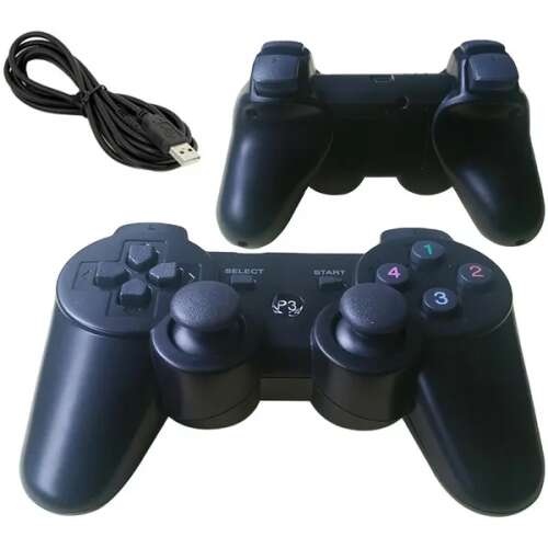 Fekete PS3 vezetékes kontroller, DualShock3 helyettesítő, elülső és hátsó nézet, USB kábellel