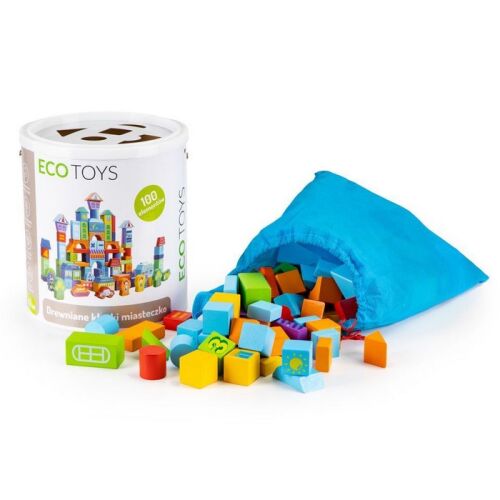 Ecotoys fa építőkockák, 100 darabos, vödörben és zsákban