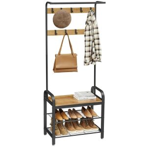 Mercaton coat rack with shoe bench and hooks, black metal frame and wood accents - Furniture