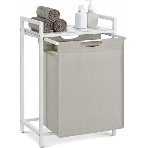 Mercaton bathroom cabinet with laundry hamper and shelf, white steel frame - Laundry Basket