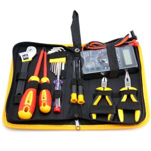 Villanyszerelő 15-piece electrician tool set in yellow and black carrying case, including screwdrivers, wrench, multimeter, pliers, and hex key set. - Tool Set