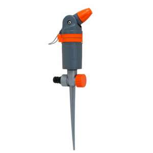 Strend Pro metal spike sprinkler with adjustable spray angle, showing the nozzle, spike, and connection - Sprinkler and Irrigator