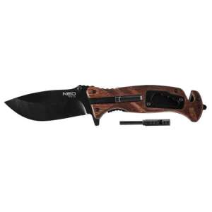 NEO TOOLS tactical folding knife, 6 in 1 survival model, 22 cm, black blade, wooden handle - Neo Hunting & Survival Knife